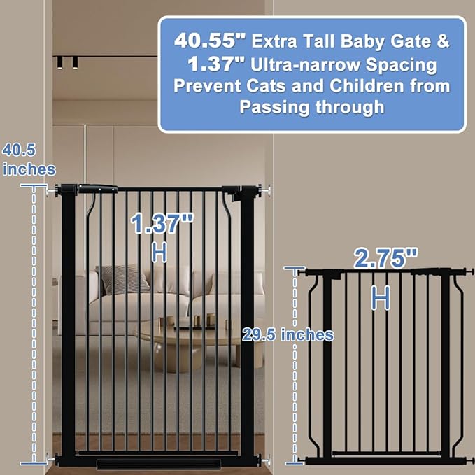 40.55" Extra Tall Baby Gate for Stairs-60.3"-65.7" Wide 1.37" Ultra Narrow Spacing Extra Wide Pet Cat Gate Dog Gate-Auto-Close Pressure Mounted Dog Door for Pets and Kids,Black