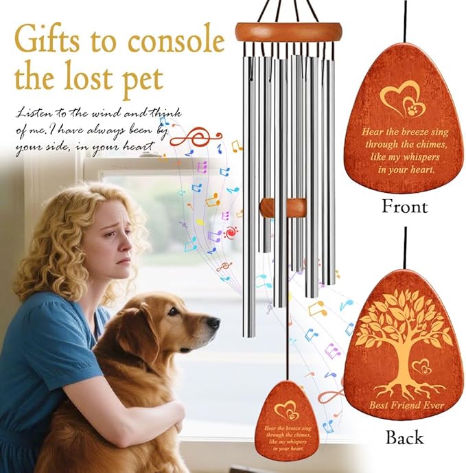 Dog Memorial Gifts Wind Chimes, Pet Loss Sympathy Gift, 25.5'' Dog Cat Passing Away Remembrance Wind Chime with Rainbow Bridge Poem Card, Silver
