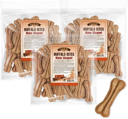 Gootoe Buffalo Dog Treats, Natural Low-Fat Chews for Training & Rewards, Limited Ingredient, Puppy Treats for Small Dogs & Puppies, Resealable Bag, Buffalo Bites Bone Shaped, 1.5 lb (Pack of 3)