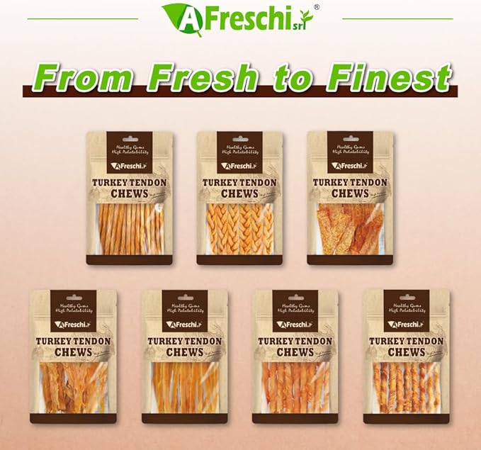 A Freschi srl Turkey Tendons for Dogs, USA-Sourced, Healthy Dog Treats, Rawhide-Free Puppy Chews, All Natural, Hypoallergenic Dog Treats, Soft Strips, 3.5 oz Pack