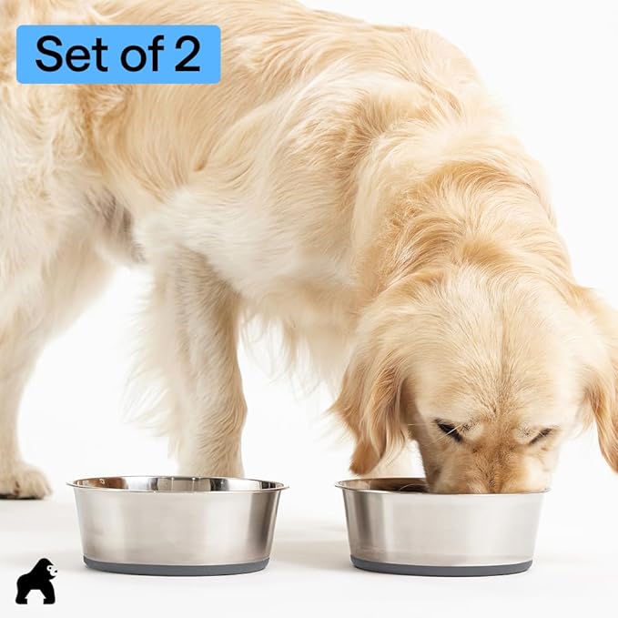 GORILLA GRIP Dog Bowls, Food Grade 304 Stainless Steel, Holds 8 Cups Each (64 fl oz) Food and Water Bowl for Feeding Dogs and Cats, Dishwasher Safe, Rust Resistant, BPA Free Rubber Base Set of 2 Gray