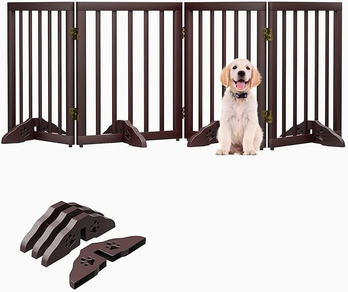 Semiocthome Freestanding Dog Gates for The House Extra Wide with 4 Panels and 4 Support Feet, 24" H Foldable Pet Gate for Stairs, Wooden Expansion Doggy Gates for Doorways, Fit Opening Up to 74" W