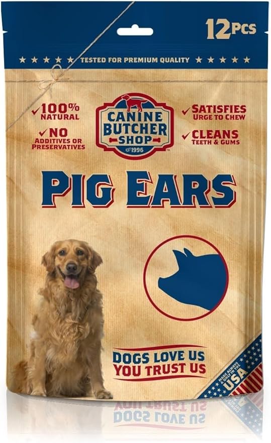 Pig Ears for Dogs Large Made in USA, Pig Ears Dog Treats, Large & Small Dogs, Aggressive Chewers, Dog Chews Long Lasting (12-Pack)