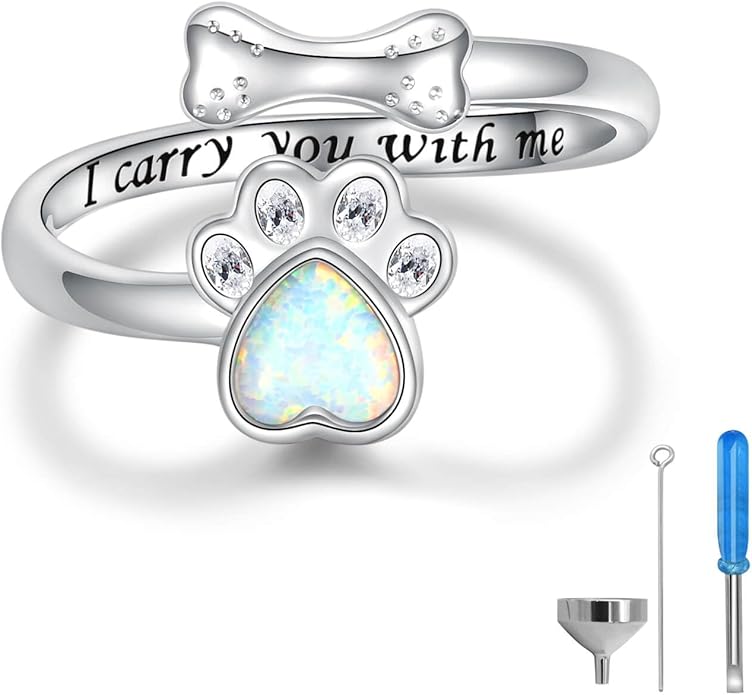 Sterling Silver Urn Ring for Dog Ashes: 925 Paw Print Memorial Dog Urn Rings Cremation Jewelry Keepsake Remembrance Gifts for Women Pet Lovers