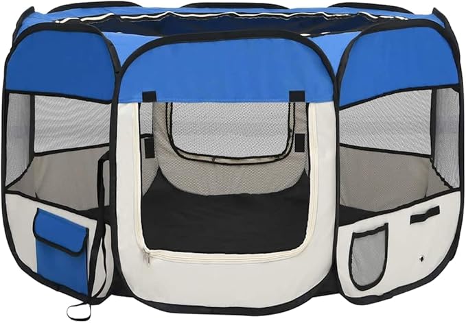 vidaXL Foldable Dog Playpen in Blue-Cream - Portable Design with Carrying Bag, Zipper & Side Pockets - Ideal for Training, Sleep and Play - Polyester & Steel Construction