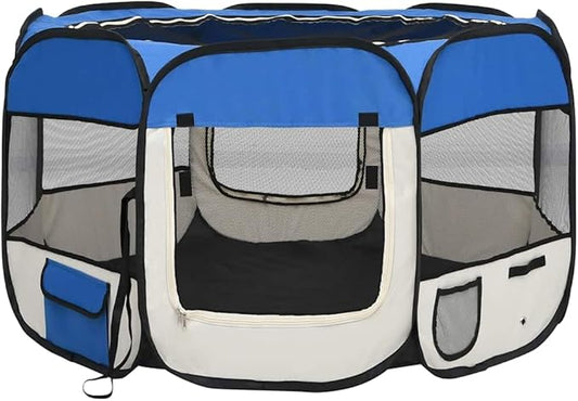 vidaXL Foldable Dog Playpen in Blue-Cream - Portable Design with Carrying Bag, Zipper & Side Pockets - Ideal for Training, Sleep and Play - Polyester & Steel Construction