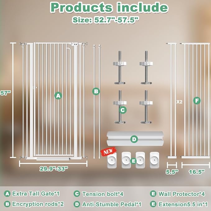 57" Extra Tall Cat Gate for Doorway,52.8"-57.4" Width, Extra Tall Baby Gate Tall Dog Gate Wide Baby Gate Safety,Narrow Auto-Close for Indoor Stairs, Doorways, and Kitchen