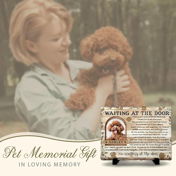 Wait at The Door Memorial Stones - Personalized Condolence Gifts with Name and Picture of Dog, Cat Passing Away - Rectangle Colored-Background Variable Rocks for Pet Mom Loss Gift