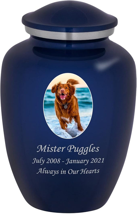 Homage Medium Custom Photo Pet Cremation Urn for Pet Ashes - Vase Style Pet Urn - 80 Cubic Inch Capacity - Personalization Included (Sapphire Blue)