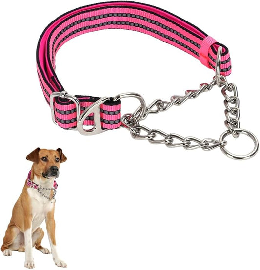 Stainless Steel Chain Martingale Collar for Dogs, No Pull Slip Cinch Choker Choke Collar Training Escape Proof Heavy Duty Dog Collar for Small Medium Large Pet Girl Female Dogs, Pink XL