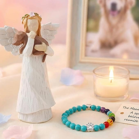 Pet Sympathy Gift for Loss of Dog,Angel Holding Dog Memorial Figurine with Rainbow Bridge Bracelet, Hand-Painted Remembrance Keepsake, Thoughtful Bereavement Gift