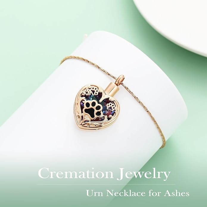 Heart Urn Necklace For Ashes Birthstone Pet Memorial Jewelry Dog Paw Print Cremation Pendant Stainless Steel Keepsake Gift For Pet Lovers