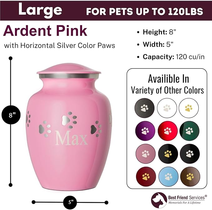 Ottillie Paws Premier Series Pet Urn for Dogs with Personalized Laser Engraving (Large - Pets up to 115 lbs, Ardent Pink with Horizontal Pewter Paws)