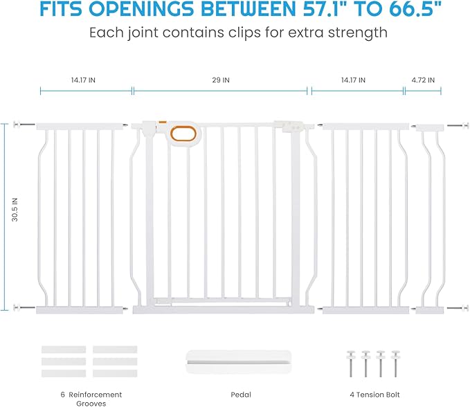 owlie Stair Baby Gate 57-66 Inch, Extra Wide Safety Gate for Baby Pet Adjustable Dog Gates Indoor Extra Wide Gates Pressure Mounted for Toddler Pet for House Stairway Doorway White (30.5'' Tall)