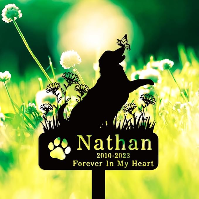 Custom Flowers Dog Memorial Stake Marker Metal Plaque, Personalized Flowers Dog Memorial Grave Marker with Paw, Customized Pet Dog Memorial Grave Stake Outdoor Decor Garden Sign Headstone