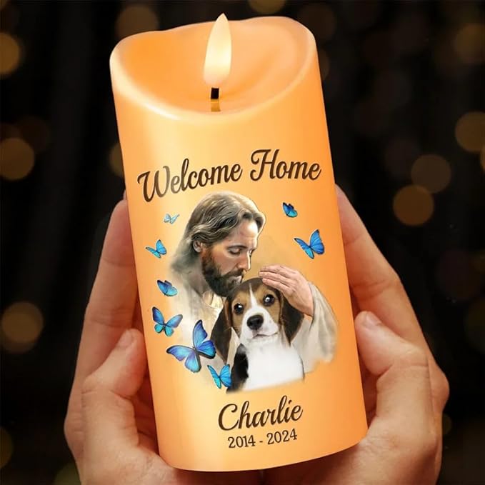 Custom Pets Photo Memorial God Welcome Home My Pet Led Candle Gift for Dog Cat Memorial Sympathy Gifts for Pet Owners Dog Mom Dad On Birthday Christmas Led Candle Home Decor Gifts