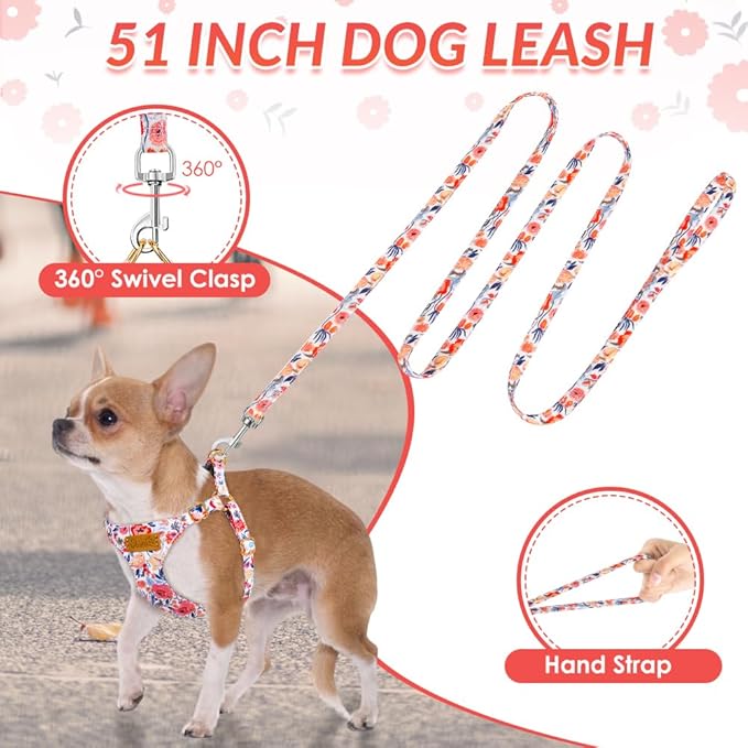 SlowTon No Pull Dog Harness with Leash - Soft Lightweight Floral Pattern Puppy Harness, Adjustable Pet Harness for Small Medium Dogs (Flower XS)