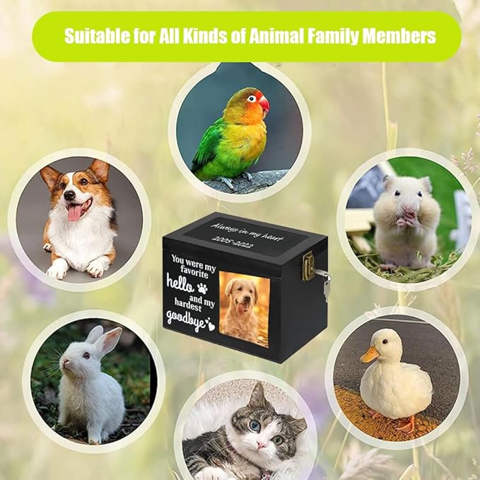Pet Memorial Urns for Dog or Cat Ashes, Wood Dog Urns for Ashes, Pet Urn with Photo Frame, Memorial Keepsake Memory Box with Key and Lock, Personalized Pet Cremation Urn, Keep Your Pet Close Forever