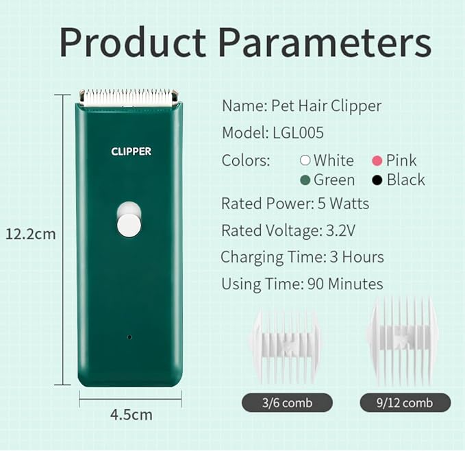 Handy Pet Hair Trimmers Recommended By The Vet,Super Quiet Long Lasting Powerful Dog Clippers(Waterproof USB Rechargeable Grooming Shavers for Dogs and Cats with Matted Coats) Green