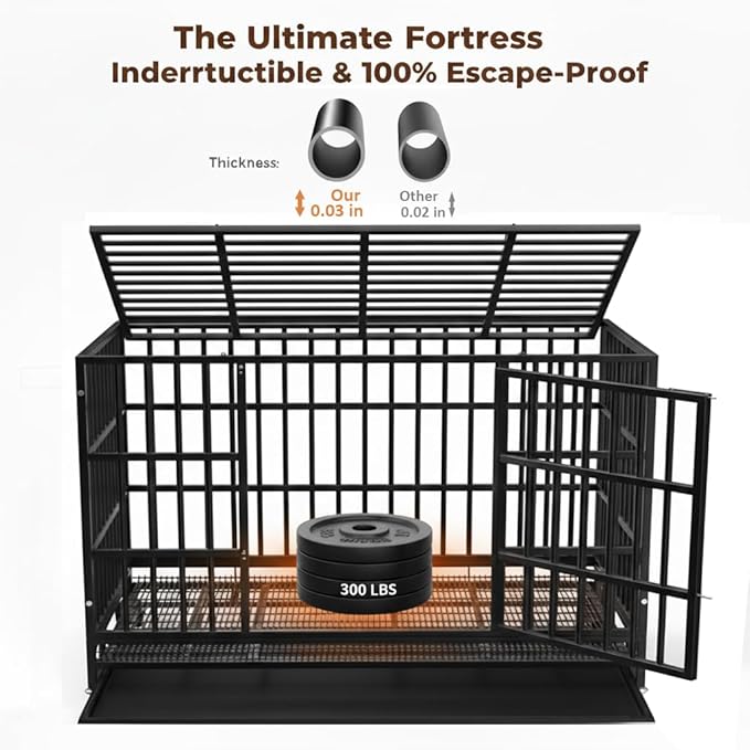 48 Inch Heavy Duty Dog Crate Cage with Wheels, Indestructible and Escape Proof Steel Kennel Indoor for High Anxiety Dogs with Sturdy Locks, Double Door and Tray, Extra Large XL XXL