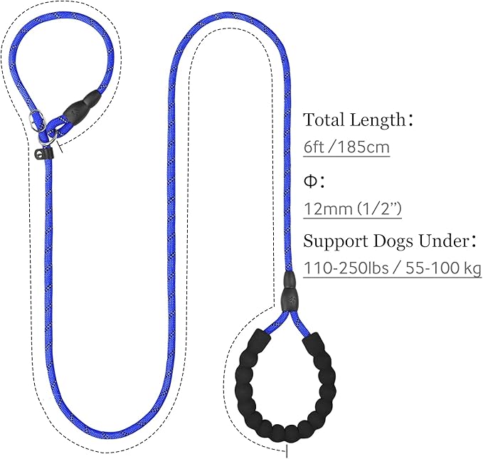 TagME Slip Leads for Dogs that Pull, 6 FT No-Pull Training Leash with Lock, Escape-Proof Design, Reflective & Padded Handle for Large Dogs, Navy Blue