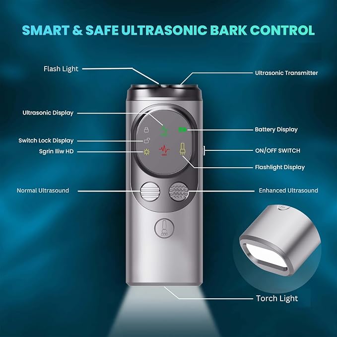 Rechargeable Dog Bark Deterrent Device – Ultrasonic Anti Barking Device for Dogs, 50ft Long Range, No Bark Control, Safe & Humane Replacement for Shock Collars,