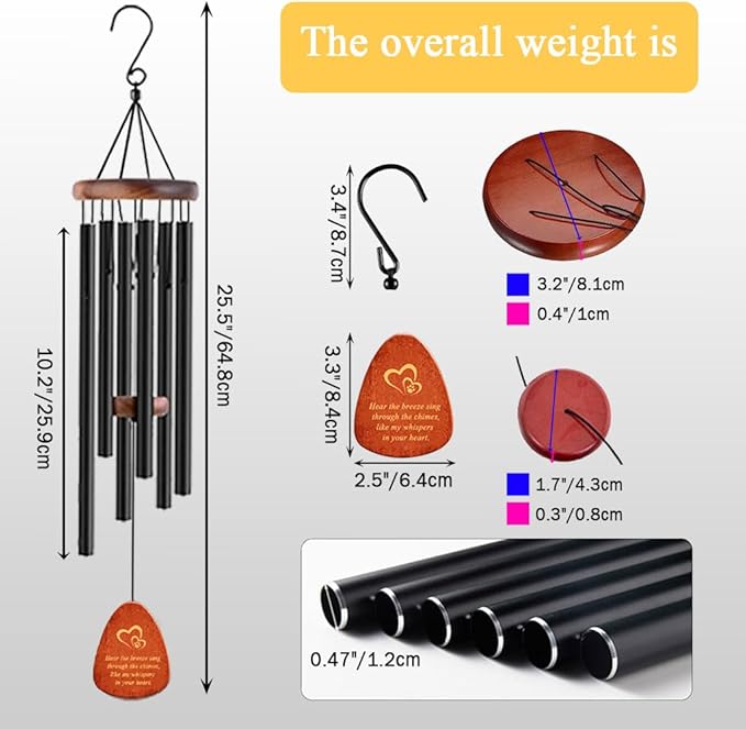 Dog Memorial Gifts Wind Chimes, Pet Loss Sympathy Gift, 25.5'' Dog Cat Passing Away Remembrance Wind Chime with Rainbow Bridge Poem Card, Black