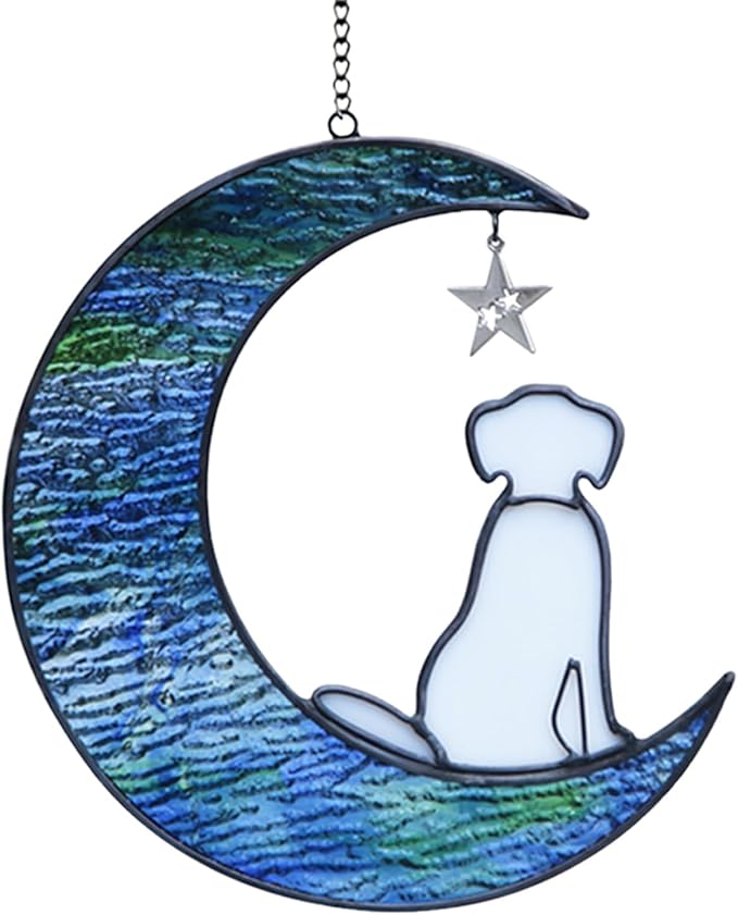 Dog Memorial Gifts for Loss of Dog Sympathy Gift, Stained Glass Dog Decor on Moon Window Hanging Suncatcher Pet Memorial Gifts Sympathy Pet Loss Gifts for Dog Lovers