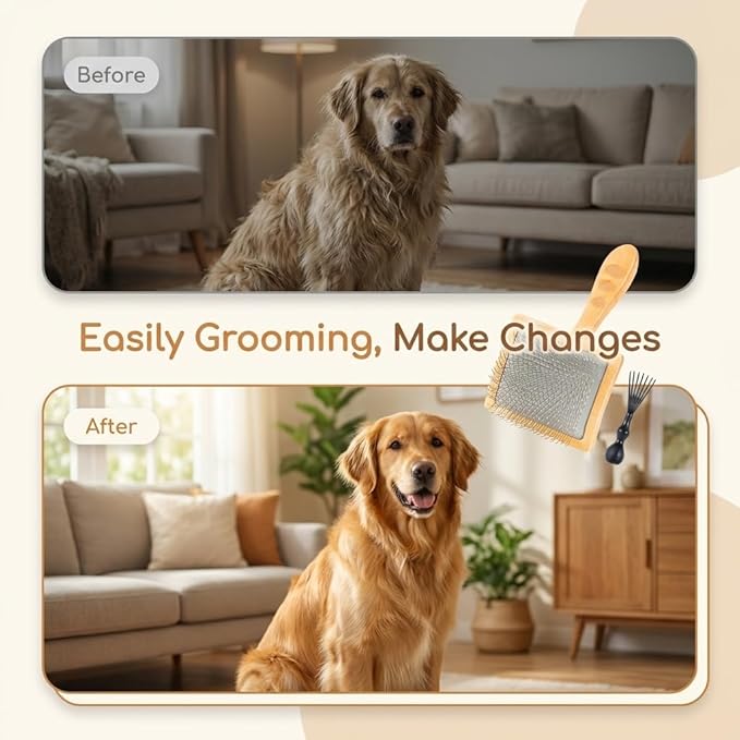 Slicker Brush for Dogs & Cats, Professional Pet Grooming Brush (Goldendoodles, Poodles, Labradoodles) Natural Beech Wood Ergonomic Handle Remove Tangles, Knots and Mats - Large
