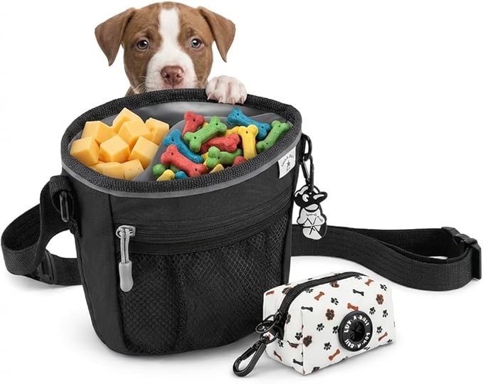Dog Training Treat Pouch, Clip-On, Crossbody, Magnetic, 2 Compartment Divided Interior, 1 1/2 Cup Total 3/4 Each Side, Dog Treat Training & Walking Bag, Poop Bag & Waste Clip, Hand Free- Black 5x5