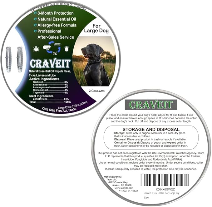 Craveit Dog Flea Collar, 2 Pack Flea Collar for Dogs Large, Gentle Plant-Based Tick Repellent for Large Dog, Waterproof & Adjustable, 8-Month Long-Lasting Defense