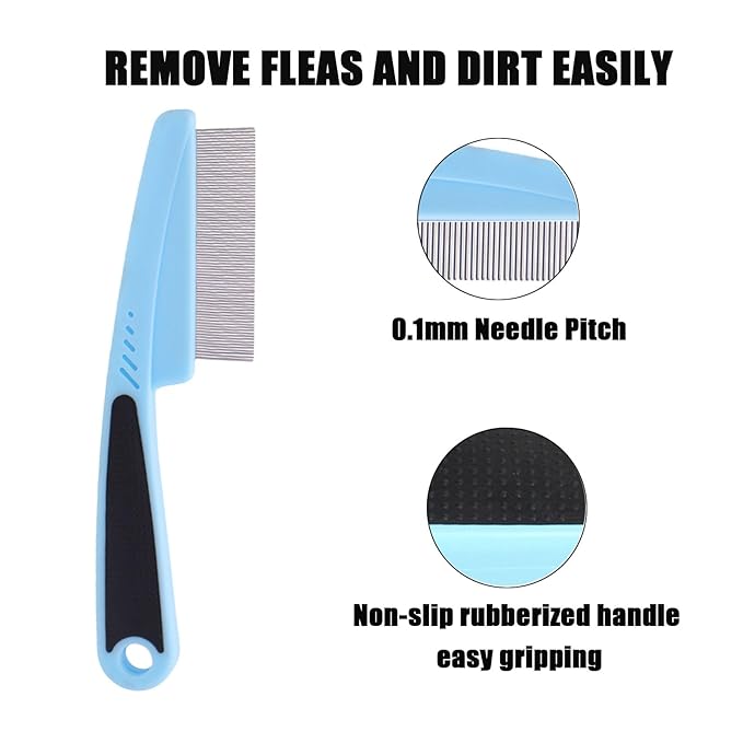 Dog Flea Comb for Small Dogs - Metal Flea and Tick Comb with Rubber Handle, Dematting Comb for Cats and Dogs, Professional Pet Grooming Tool for Long Haired Pets