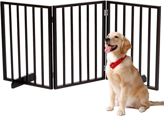 BONNLO Free Standing Dog Gate Indoor, Foldable Pet Gate for Dogs and Puppy, 24" Height Wooden Dog Gates for Doorways Extra Wide/Stairs/Hallways (Walnut, 3 Panel)