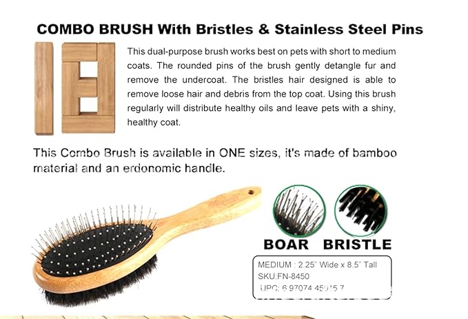 Pet Dog Brush Natural Bamboo Fiber Eco-Friendly Pet Grooming Dog and Cat Double-Sided Needle and Bristle Pet Deshedding Brush, brown
