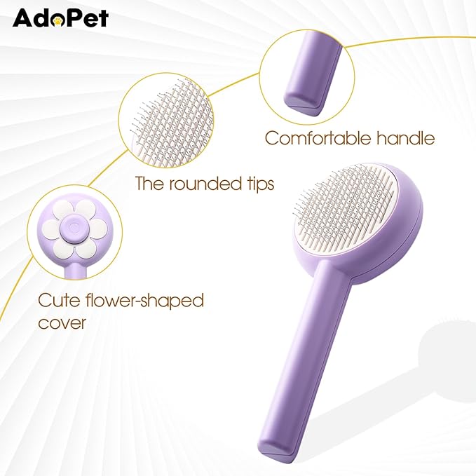 Self-Cleaning Pet Grooming Brush Soft Silicone Bristles, Flower Design for Cats and Dogs – Easy to Use & Gentle Care (Purple)