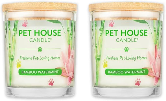 Pet House Candles, Plant-Based, Clean Burning, Long Lasting Scented Candles for Pet Odor - Bamboo Watermint, 2 Pack