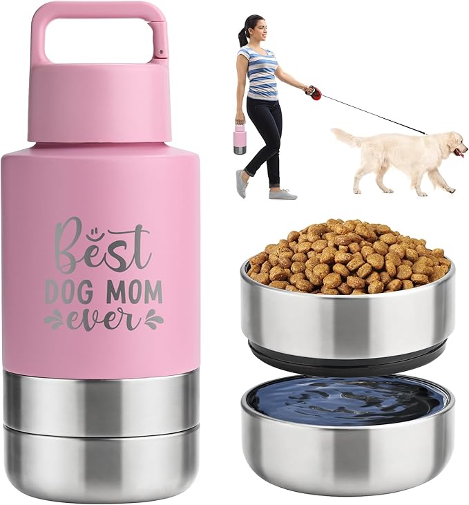 Insulated Dog Travel Water Bottle With Detachable Bowls, Ideal Dog Mom Gifts for Women, Portable Water Bottle Dispenser, For Walking, Hiking, Camping, Outdoor (Pink:Best Dog Mom, 32 Oz)
