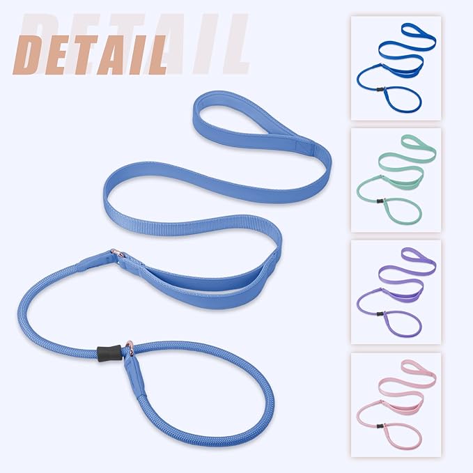 Slip Lead Dog Leash With Double Handle - Soft Leather Collar, Heavy Duty Nylon Lead for No Pull Walking - 6ft Blue Purple for Small, Medium, Large Dogs