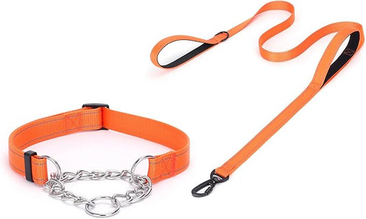 Martingale Dog Collar with Stainless Steel Chain and Leash Set, Martingale Collar with Reflective, 5FT Double Handle Dog Leash Padded, Adjustable for Medium Large Dogs (S, Orange)