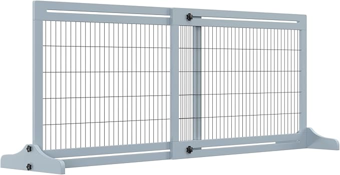 PawHut 72" W x 27.25" H Extra Wide Freestanding Pet Gate with Adjustable Length Dog, Cat, Barrier for House, Doorway, Hallway, Blue-Gray