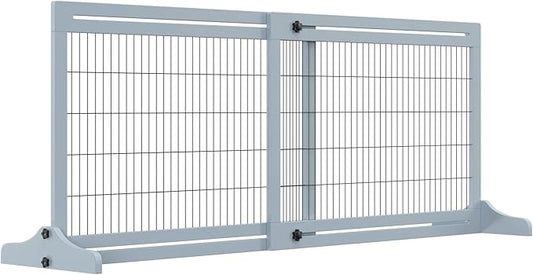 PawHut 72" W x 27.25" H Extra Wide Freestanding Pet Gate with Adjustable Length Dog, Cat, Barrier for House, Doorway, Hallway, Blue-Gray