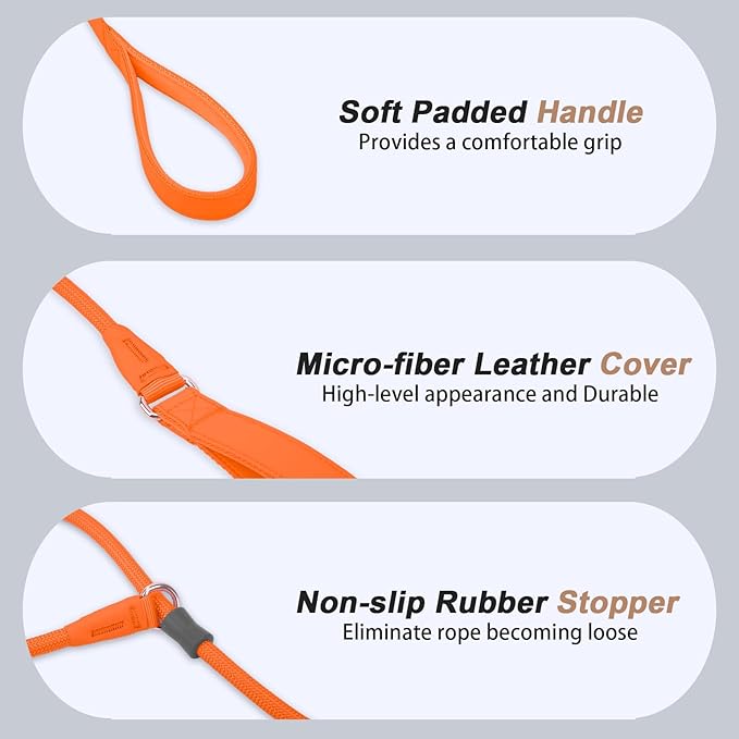 Slip Lead Dog Leash, Double Handle, Soft Leather & Nylon, 6ft Orange