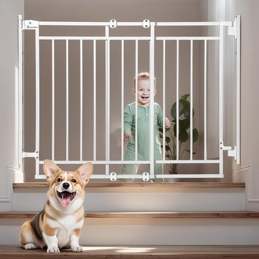 COMOMY 27.5-43" Baby Gate No Bottom Bar for Stairs and Doorways, 2-in-1 Auto Close Dog Gate Indoor for the House, Hardware Mounted Pet Gate with Large Walk Thru Door, Child Safety Gate for Dogs, White