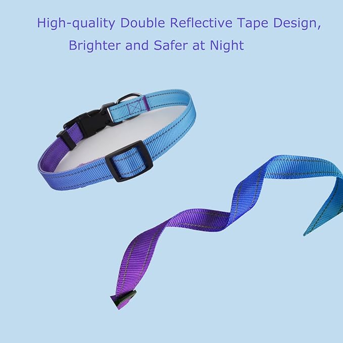 Roses&Poetry Reflective Dog Collar and Leash with Gradient Violet, Adjustable Durable Pet Collars Leash for Medium Large Dogs （Violet-M
