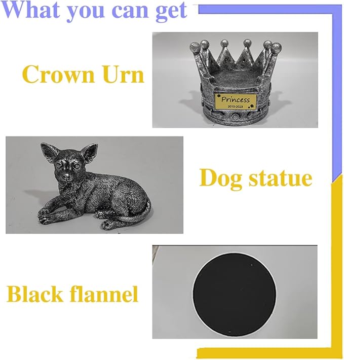 Crown-Shaped Chihuahua Memorial Pet Urns for Dogs Ashes Personalized with Name and Date, Chihuahua Statue Indoor Decorative