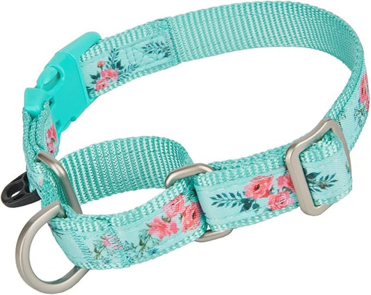 Martingale Dog Collar,Floral Pattern,with Safety Quick Release Buckle,Escape-Proof Anti-Pull for Medium Dogs(Green Floral,M)