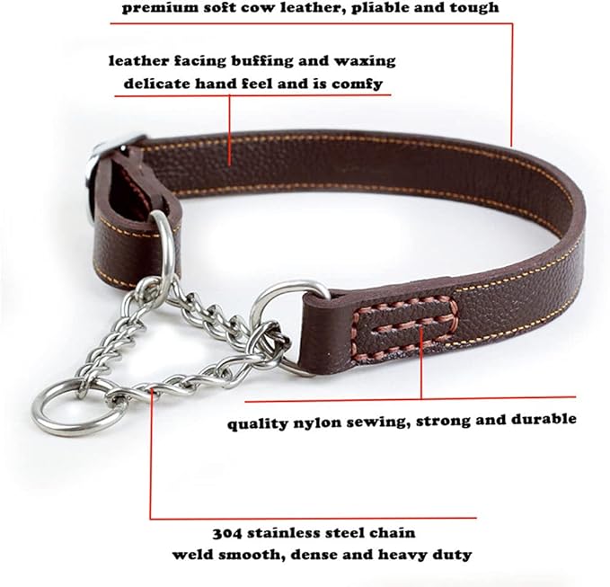Love Dream Martingale Collars for Dogs, Leather Training Dog Collar, Stainless Steel Chain Anti-Escape No Pull Dog Collar for Medium Large Dogs (S(11.8"-16.9"), Brown)