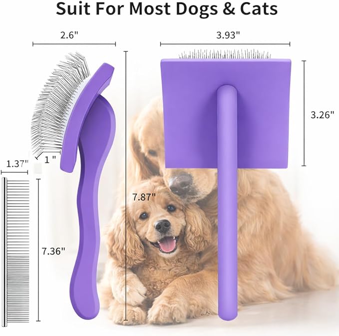 Dog Slicker Brush for Goldendoodles, Poodles & Long Haired Dogs - Long Pin Doodle Brush & Pet Comb Kit Removes Tangles Loose & Knots, Professional Grooming Tools with Wooden Handle, Purple