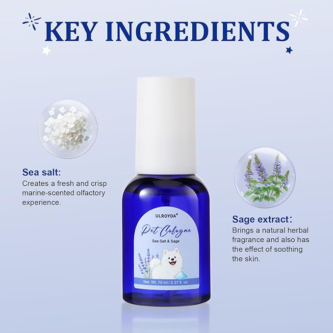 Pet Cologne Spray, Sea Salt & Sage Dog Perfume, Natural Ocean Scent, Deodorizing Grooming for Dogs and Cats, Alcohol-Free, Between Baths Freshener, 2.37 fl oz