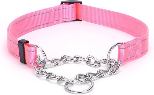 Martingale Dog Collar with Stainless Steel Chain and Leash Set, Martingale Collar with Reflective, 5FT Double Handle Dog Leash Padded, Adjustable for Medium Large Dogs (Pink Collar, M)